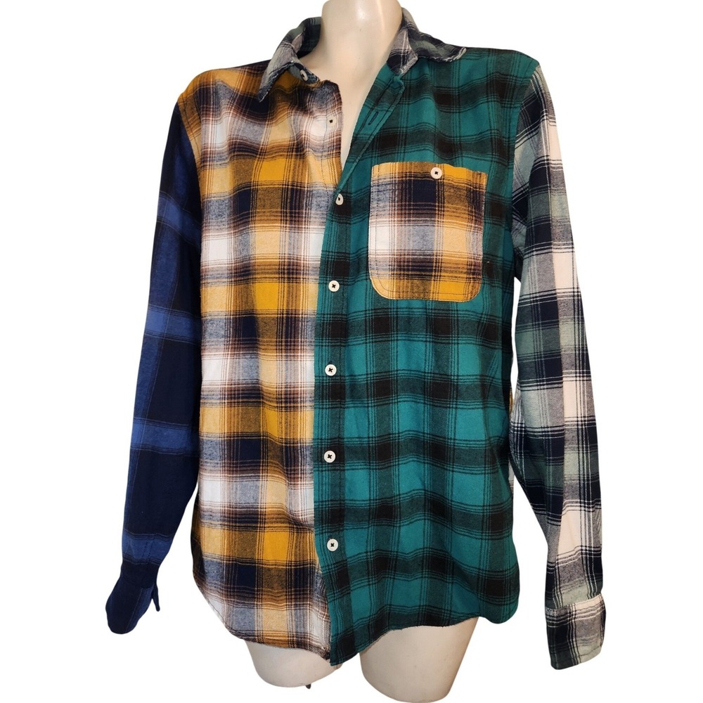 Aeropostale Plaid Colorblock Flannel Button Down Shirt Teal Yellow Navy Small